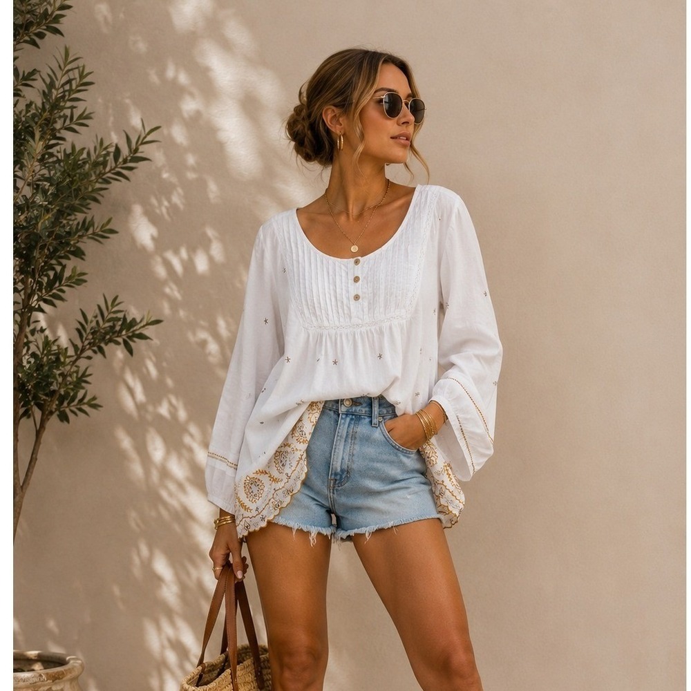 LOGO Lori Goldstein White 100% Cotton Embroidered Scallop Hem Tunic Top 3X Boho
